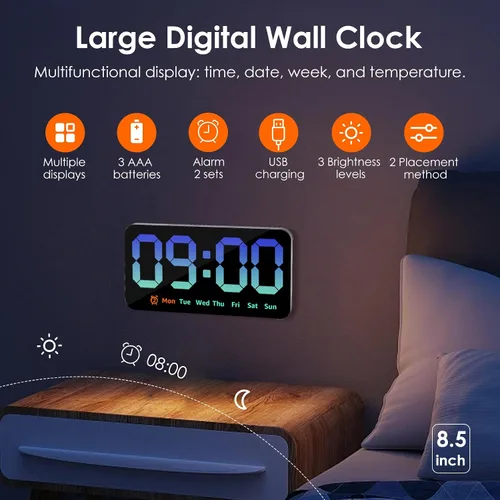 Miniatura 3 de Reloj de pared digital con atenuador de brillo de pantalla grande, reloj de pared digital LED con pantalla RGB, pequeño reloj de pared para sala