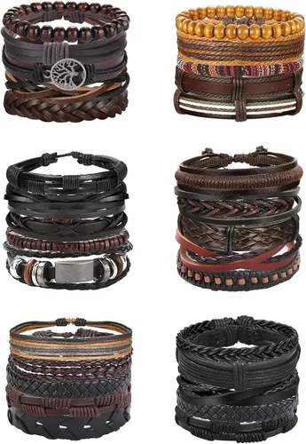 Florideco - Juego de 30 pulseras de cuero trenzado para hombres y mujeres con cuentas de madera tejidas étnicas tribales ajustables