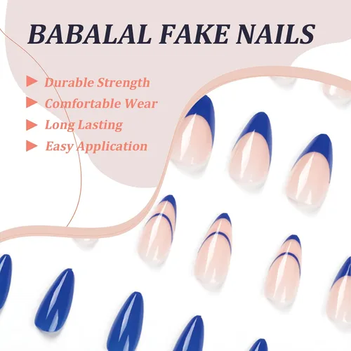 Miniatura 5 de BABALAL Uñas postizas a presión de almendra, uñas postizas de longitud media, uñas acrílicas brillantes, color azul, francesas, con pegamento, 24