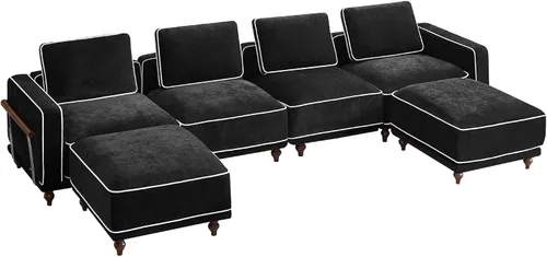 Miniatura 10 de Sofá biplaza modular de felpilla de 80 pulgadas, sofá pequeño color negro con fundas extraíbles lavables, cojines de espuma de alta resistencia