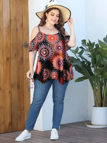 Miniatura 7 de LARACE Blusas de Hombros Descubiertos para Mujeres Ropa de Verano Tirantes Espagueti Túnica Camisas Holgadas Asimétricas Talla Grande Blusa