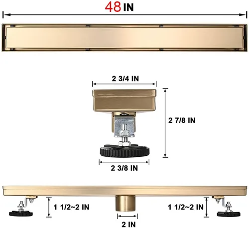 Miniatura 6 de AVSIILE Desagüe lineal de suelo de ducha, kit de drenaje de baño de acero inoxidable 304 de color dorado cepillado de 48 pulgadas, drenaje Oro