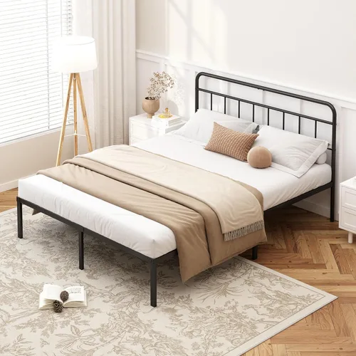 Miniatura 4 de Kujielan Marco de cama tamaño Queen de 12 pulgadas con cabecera minimalista, base de plataforma de metal con listones de metal fuertes, base