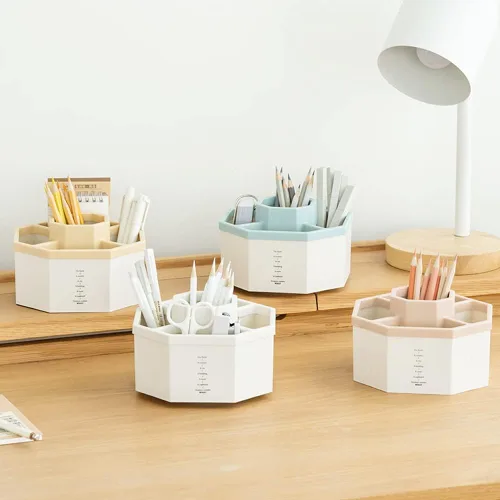 Miniatura 8 de Organizador de escritorio, soporte multifuncional giratorio de 360 grados, 5 compartimentos, organizador estacionario de escritorio, caja de Blanco