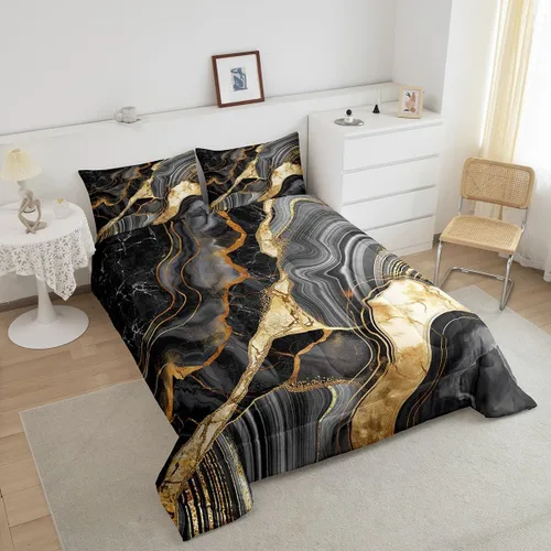Miniatura 3 de Juego de edredón de mármol negro individual, ropa de cama dorada agrietada para adultos, hombres y mujeres, juegos de edredón de textura metálica