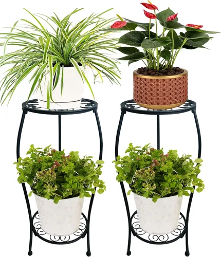 Paquete de 2 soportes de metal de 25.2 pulgadas para macetas redondas, soporte para macetas de 2 niveles para interiores y exteriores, resistente a