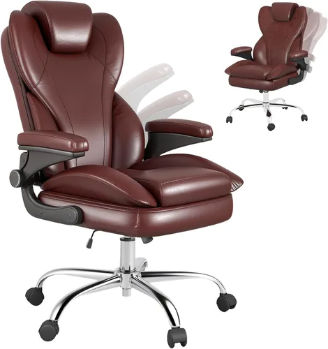 Miniatura 14 de Hovos Silla de oficina, ergonómica grande y alta silla de cuero de escritorio con brazos abatibles acolchados, bloqueo de inclinación ajustable