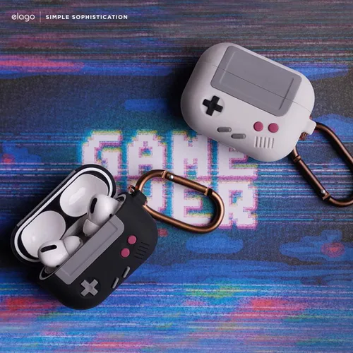 Miniatura 5 de elago AW5 - Funda compatible con AirPods Pro, diseño clásico de consola de juegos portátil con llavero, construcción de silicona duradera, Negro