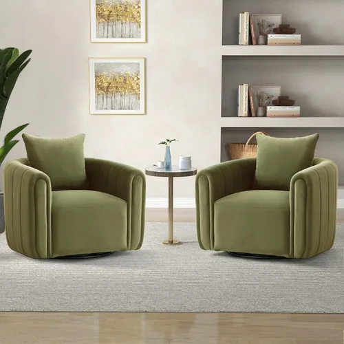 Miniatura 16 de ANJ Juego de 2 sillas giratorias de barril con almohada regordeta, silla decorativa de terciopelo holandés de canal moderno, cómodo sillón redondo