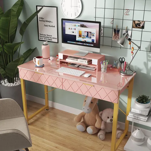 Miniatura 2 de WESTREE Mesa de Tocador con 2 Cajones y Estante de Almacenamiento, Mesa de Maquillaje Moderna con Escritorio Brillante, Escritorio de Marco Dorado