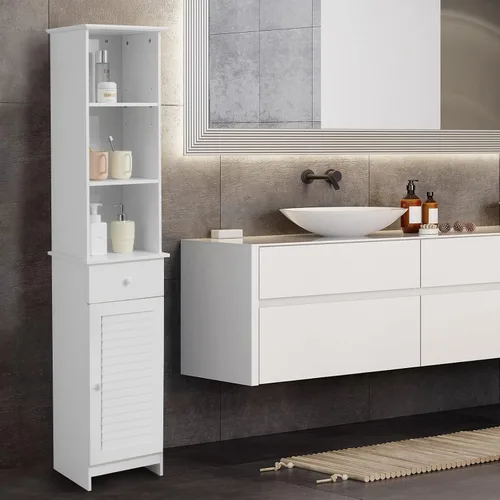 Miniatura 9 de Tangkula Armario alto de baño, gabinete de almacenamiento delgado con estante de 3 niveles, cajón y torre de lino cerrada y estrecha, estantes