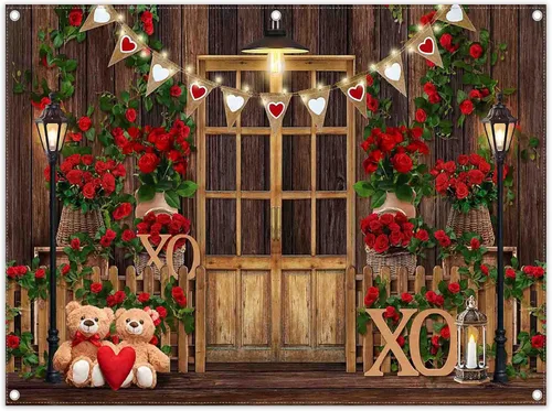 Miniatura 9 de Telón de fondo de fotografía de poliéster para el día de San Valentín, 7 x 5 pies, diseño de rosa roja, fondo de madera, corazón, oso, amor