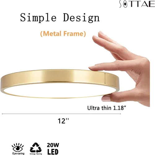 Miniatura 3 de SOTTAE Lámpara de techo LED de metal dorado cepillado de 12 pulgadas, 3000-5000 K, 20 W, delgada, redonda, moderna, de perfil bajo, para dormitorio