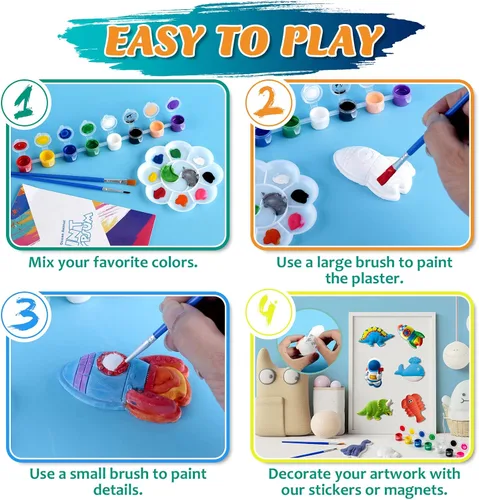 Miniatura 7 de Juboury Kit de manualidades para niños, pintura en yeso, juego de arte para pintar tu propio espacio, dinosaurios y figuras de vida marina, kit
