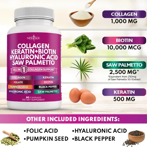 Miniatura 4 de NEW AGE Píldoras de Colágeno Biotina Queratina Saw Palmetto Ácido Hialurónico - Vitamina E Ácido Fólico Semilla de Calabaza MSM - 90