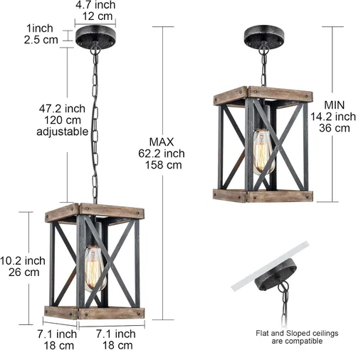 Miniatura 6 de Lámpara colgante de granja, lámpara de araña ajustable de metal y madera, iluminación colgante rústica para isla de cocina, dormitorio, comedor
