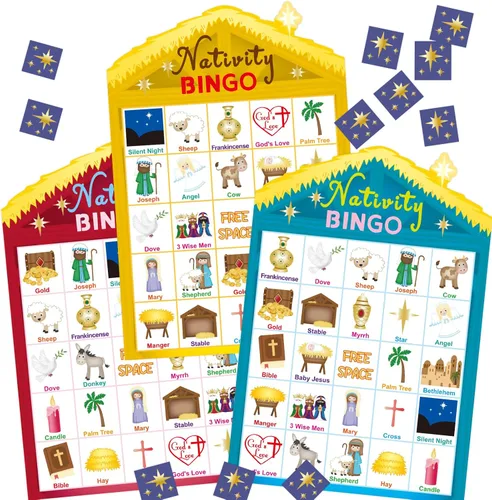 Juego de bingo de la Natividad de Fancy Land para niños, 24 jugadores, Navidad, establo, casa cristiana, juego de bingo religioso para fiestas