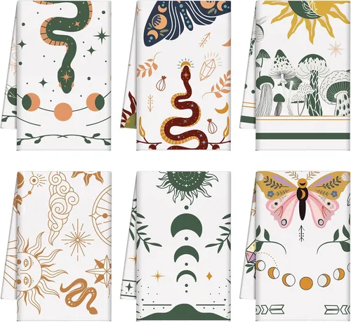 Zubebe Paquete de 6 toallas de cocina bohemias de 18 x 28 pulgadas, toallas de cocina absorbentes con diseño de hongos y luna celestial, regalos