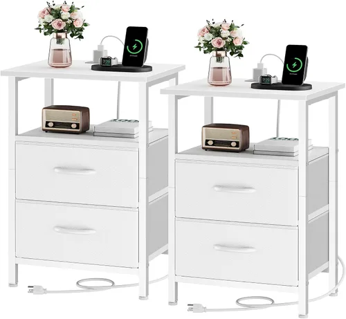 Miniatura 16 de Vagusicc Nightstand with Charging Station, End Table Bedside Table with 2 Fabric Drawers, Black Night Stand with USB Ports & Outlets, 24.2" Tall Bed