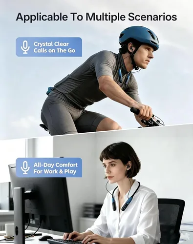 Miniatura 4 de JL&MI Neckband - Auriculares Bluetooth con batería extra de 1000 horas, con cancelación de ruido, 80 horas de reproducción, auriculares para correr