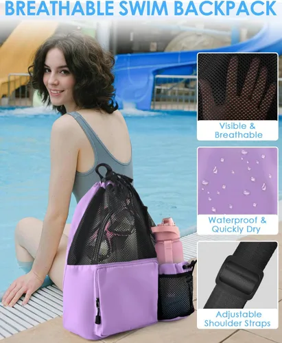Miniatura 6 de BROTOU Mochila de playa para natación con bolsillo húmedo de malla y cordón, bolsas para nadar, gimnasio Púrpura