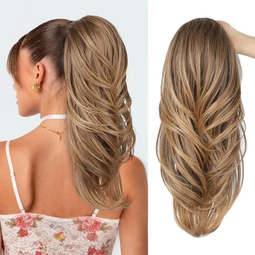 Miniatura 15 de SEIKEA Extensión de cola de caballo versátil con cordón, 26" de largo, cabello ondulado multicapa, clip para cola de caballo, extensiones de pelo