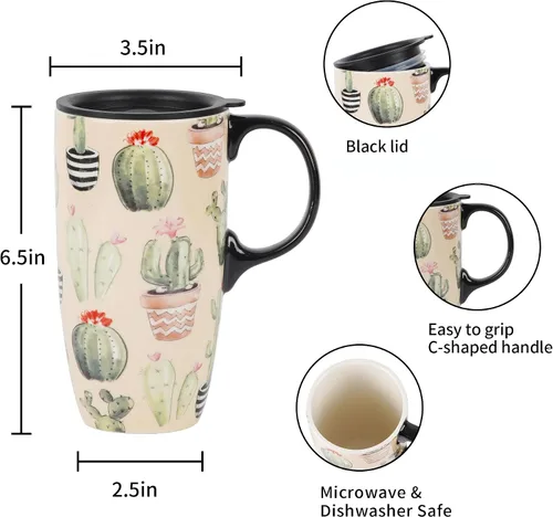 Miniatura 9 de Topadorn Taza de café de cerámica de 17 onzas con tapa, taza de cactus bohemio de acuarela, bonita taza de té de porcelana suculenta, apta