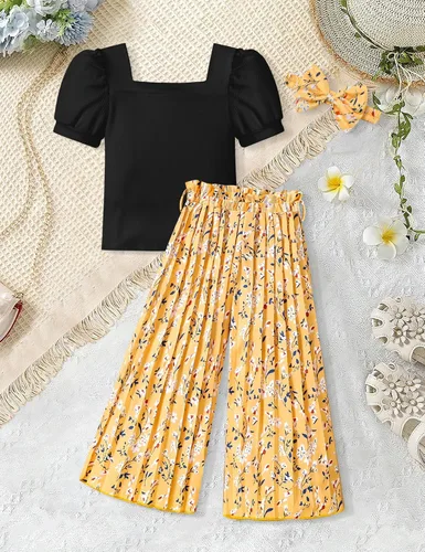 Miniatura 12 de DONWEN Conjunto de 3 piezas de ropa para niñas pequeñas y niñas con cuello cuadrado + pantalones elegantes + diadema para primavera y verano