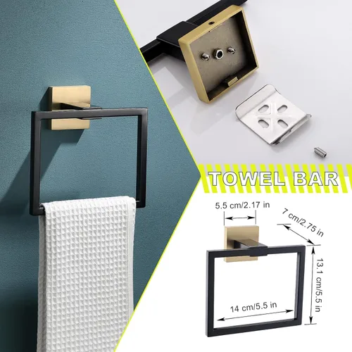 Miniatura 3 de Juego de 4 soportes para toallas de baño, juego de accesorios de baño de acero inoxidable negro y dorado, montaje en pared, 23.6 pulgadas