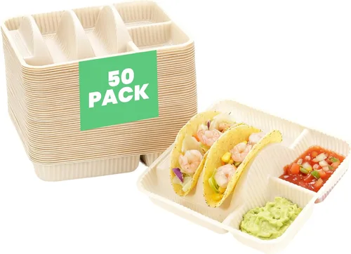 Soportes desechables para tacos de 2 compartimentos para 2 tacos y 2 lados, borde elevado extra profundo, almidón de maíz biodegradable, apto para