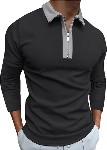 Men's Fashion Polo Shirts Casual V Neck Long Sleeve Zip Golf Shirts MuscleBusiness Color Block Tops