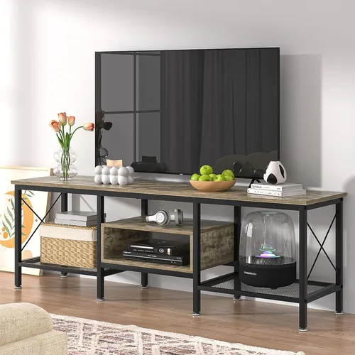 Miniatura 2 de VECELO Soporte de TV industrial para gabinete de televisión de 70 pulgadas, consola de 3 niveles con estantes de almacenamiento abiertos, marco