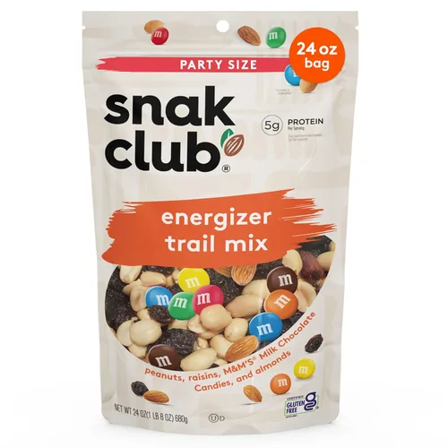 Snak Club Energizer Trail Mix con cacahuetes salados tostados, pasas, caramelos de chocolate M&M'S, almendras tostadas, aperitivo sin gluten y