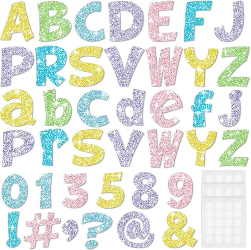 Miniatura 34 de Colarr 144 letras con purpurina para tablero de anuncios para el aula, números, símbolos de puntuación, letras troqueladas de 4 pulgadas con punto