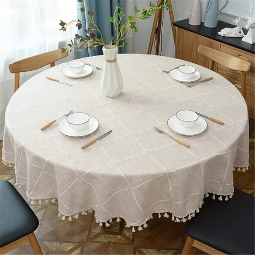 Mantel redondo con borlas a cuadros, tela de lino de algodón pesado, decoración de mesa de cocina, comedor, color beige, redondo de 48 pulgadas