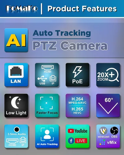 Miniatura 5 de FoMaKo Cámara HDMI PTZ AI Auto-Tracking Gen 3, zoom óptico 20x IP USB3.0 Cámara HDMI para servicios religiosos, educación de adoración, FMK12UH Pro