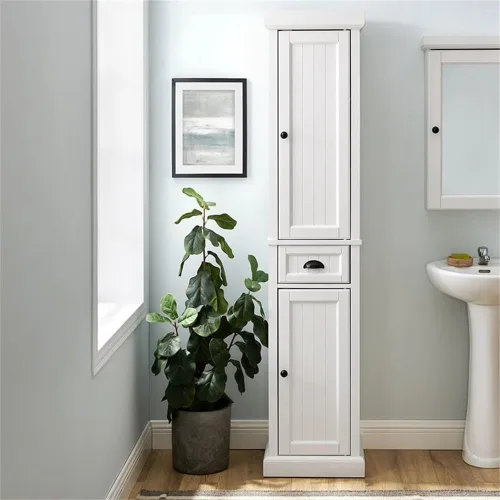 Miniatura 9 de Crosley Furniture Seaside - Armario de almacenamiento alto de lino y organizador de baño con cajón y estantes, color blanco envejecido