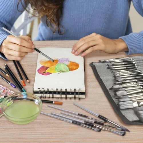 Miniatura 7 de conda - Juego de 24 pinceles de pintura con diferentes formas de mango de madera con estuche de pinceles de arte, pinceles profesionales para óleo