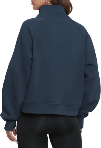Miniatura 3 de ATHMILE Sudaderas para mujer, sudaderas cortas con capucha y media cremallera, forro polar, suéter con cremallera de un cuarto, suéter de moda