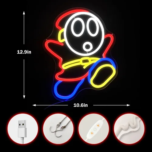 Miniatura 3 de Shy Guy - Letrero de neón regulable con luces LED para decoración de pared, videojuegos, para dormitorio, sala de juegos, cueva de hombre