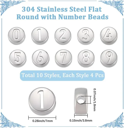 Miniatura 2 de Beebeecraft 1 caja de 40 cuentas redondas planas de acero inoxidable 304, cuentas de números de plata del 0 al 9, cuentas sueltas para hacer joyas