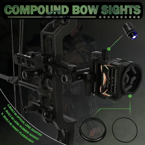 Miniatura 2 de 5-Pin Compound Bow Sight - with Level & Height Micro-Adjustable, Aluminum Alloy Hunting Sight for Right/Left Hand, Includes Sight Light & Tools