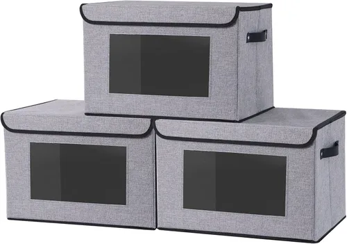 Miniatura 14 de Cesta de almacenamiento de tela con tapa, organizador decorativo de lino para armario, caja de almacenamiento de 15 x 9.8 x 9.8 pulgadas con asas