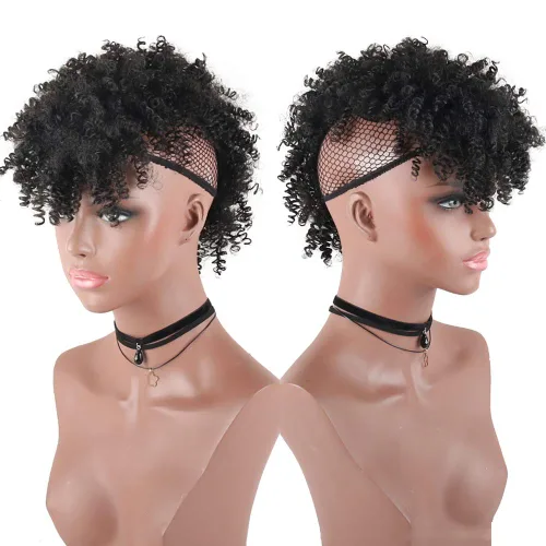 Miniatura 2 de Aisaide Cola de caballo afro Mohawk alta con flequillo sin cordón, extensión de cola de caballo corta rizada sin cordón, clip sintético en moño