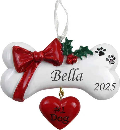 Adorno de Navidad personalizado para perro 2025, hueso de perro con lazo, recuerdo personalizado para mascotas, nuevo adorno para cachorros, primera