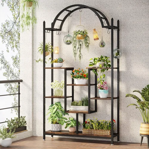 Tribesigns Soporte alto para plantas de interior de 5 niveles, estante de flores de metal arqueado de 74.8 pulgadas con ganchos para colgar, estante