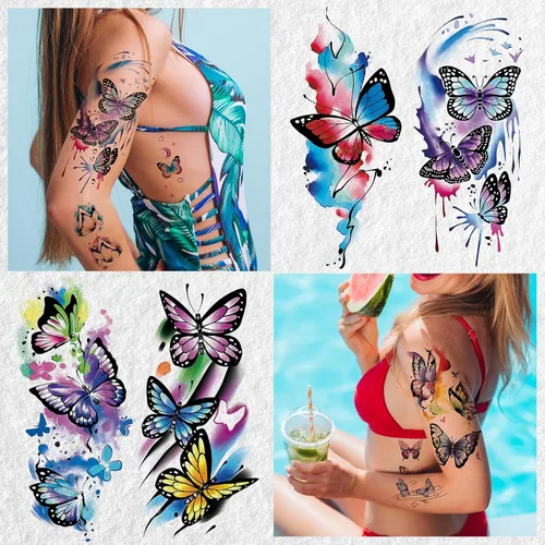 Miniatura 4 de Cerlaza 79 hojas de tatuajes de mariposa 3D temporales realistas para mujeres adultas, tatuajes falsos de acuarela, calcomanías temporales