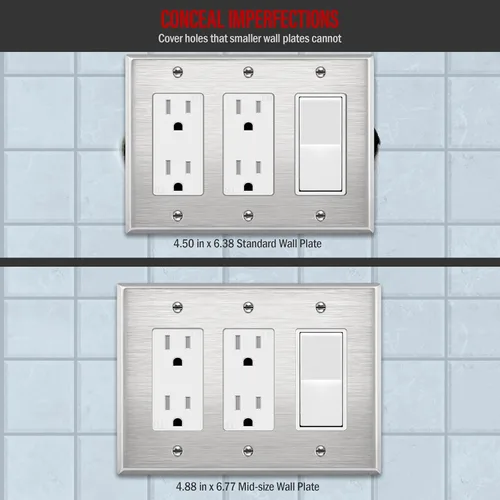 Miniatura 2 de ENERLITES Placa de pared de metal con interruptor decorativo triple, cubierta de tomacorriente de acero inoxidable, resistente a la corrosión, acero