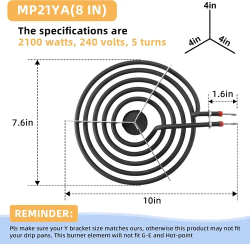 Miniatura 3 de AMI PARTS MP21YA Juego de quemadores de superficie para estufa eléctrica (8 pulgadas) Compatible con quemadores de superficie de estufa