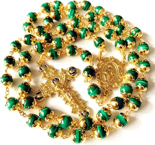 Miniatura 9 de elegantmedical Hecho a mano, chapado en oro de 18 quilates, sin duda, rosario de malaquita, collar de cuentas de oración, regalo católico y caja